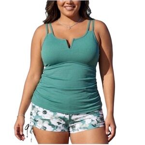 Summer Mae Women's 2-Piece Green White Tankini Swimsuit Tummy Control Size: 20W